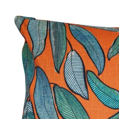 Linen Leaves XL Rectangular Cushion in Petrol Blue and Tango