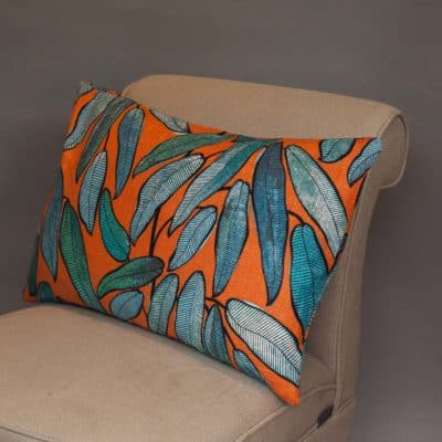 Linen Leaves XL Rectangular Cushion in Petrol Blue and Tango