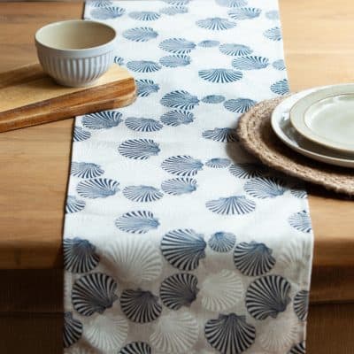 Linen Sea Shells Table Runner in Blue