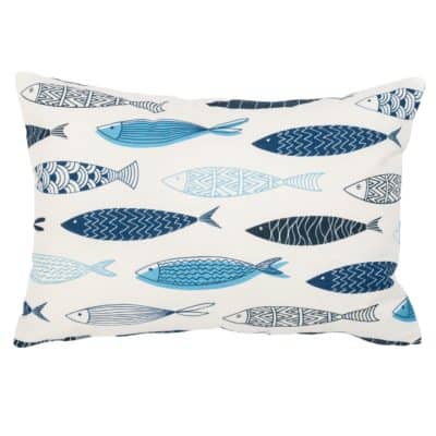 Atlantic Fish Print Boudoir Cushion in Blue and White