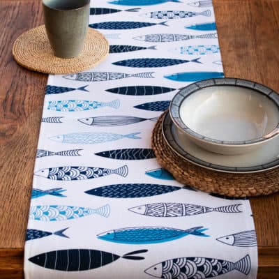 Atlantic Fish Print Table Runner in Blue and White