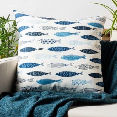 Atlantic Fish Print Extra-Large Cushion in Blue and White