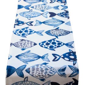 Tropical Fish Print Table Runner in Blue and White