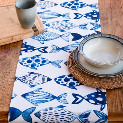 Tropical Fish Print Table Runner in Blue and White