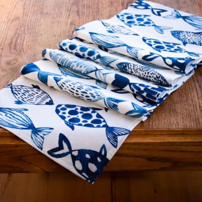 Tropical Fish Print Table Runner in Blue and White