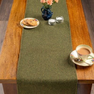 Classic Herringbone Tweed Table Runner in Vintage Green