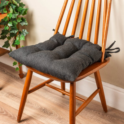 Classic Herringbone Tweed Quilted Seat Pad in Charcoal Grey