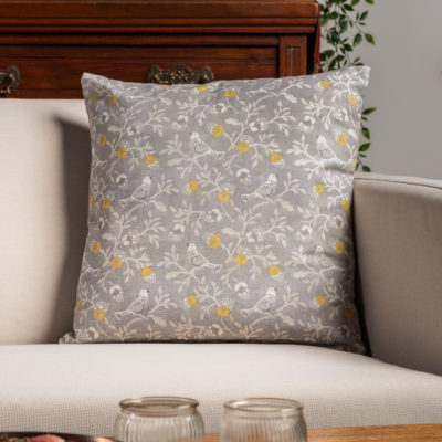 Dainty Songbird Cushion in Grey and Ochre