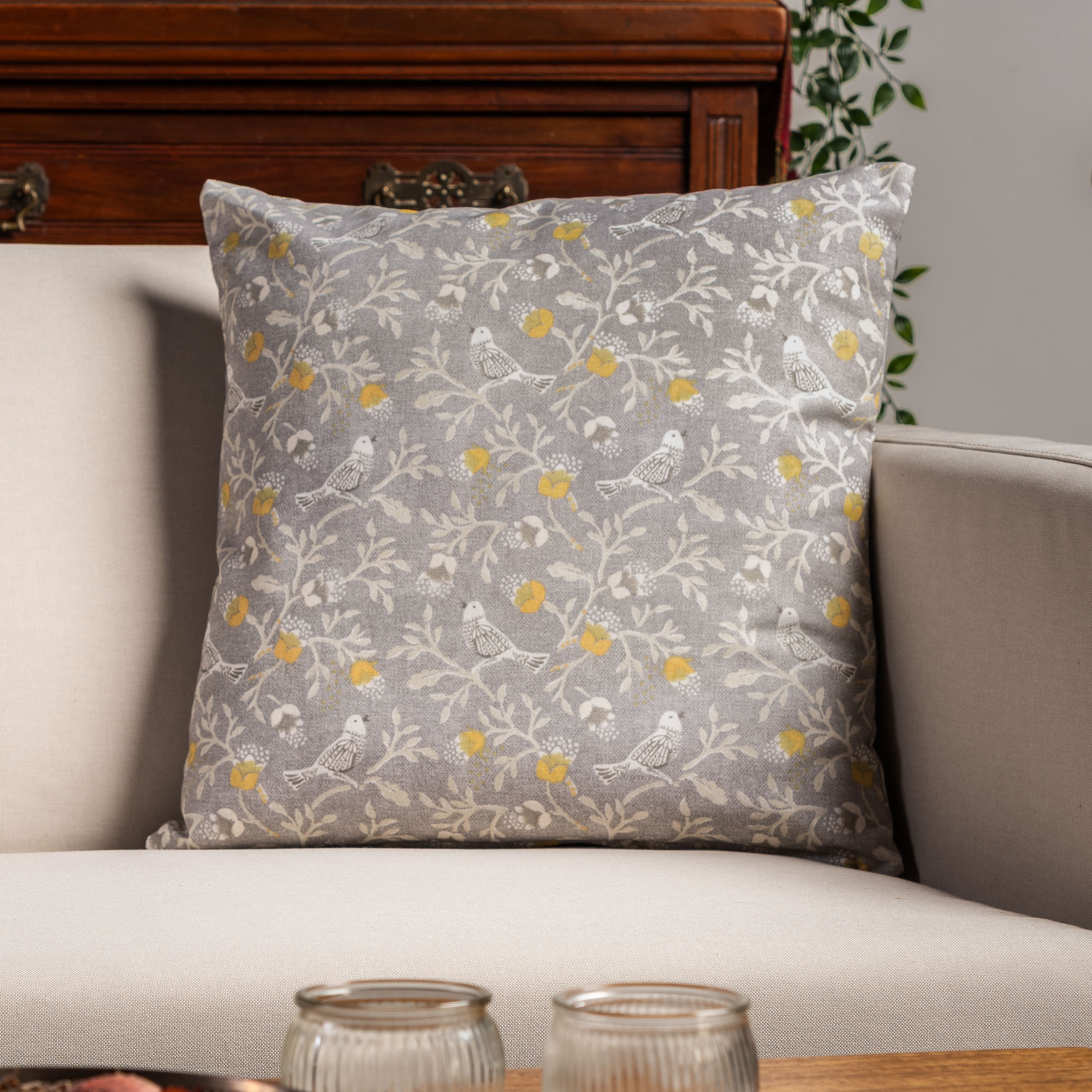 Dainty Songbird Cushion in Grey and Ochre
