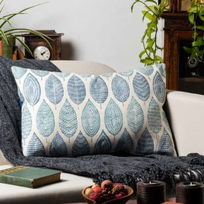 Indira Leaf Print XL Rectangular Cushion in Indigo Blue