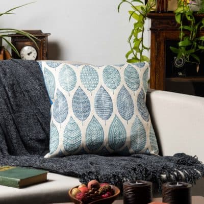 Indira Leaf Print Cushion in Indigo Blue