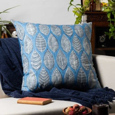 Indira Leaf Print Extra-Large Cushion in Denim Blue