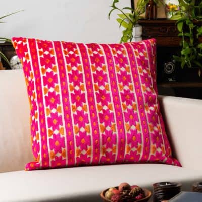 Kashan Geometric Cut Velvet Extra-Large Cushion in Bright Pink & Burnt Orange