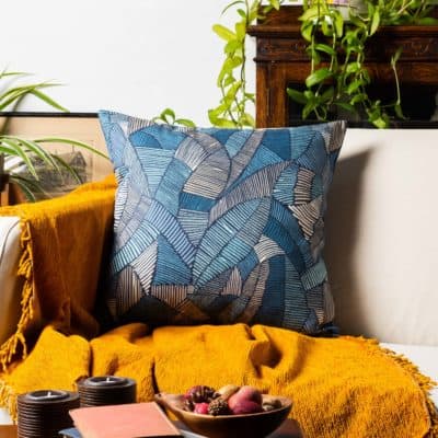 Botanic Abstract Leaf Cushion in Blue