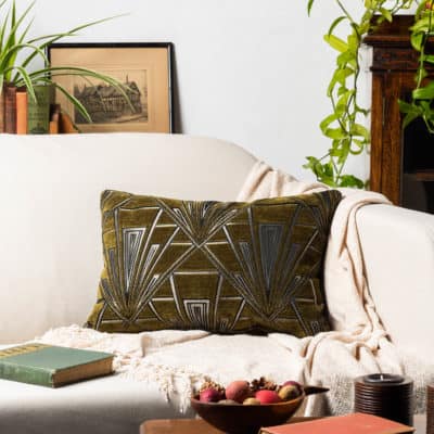 Art Deco Geometric Velvet Chenille Boudoir Cushion in Forest Green