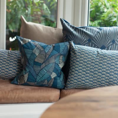 Botanic Abstract Leaf Cushion in Blue