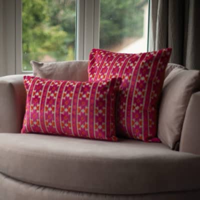 Kashan Geometric Cut Velvet Cushion in Bright Pink & Burnt Orange
