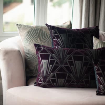 Art Deco Geometric Velvet Chenille XL Rectangular Cushion in Purple