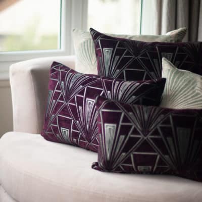 Art Deco Geometric Velvet Chenille Boudoir Cushion in Purple