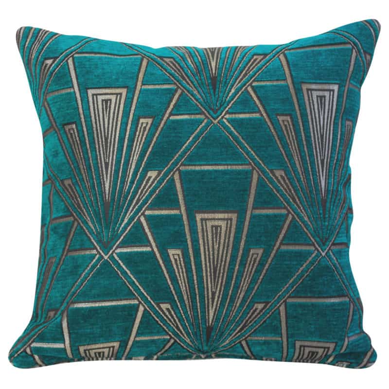 Art Deco Geometric Velvet Chenille Cushion in Teal and Silver