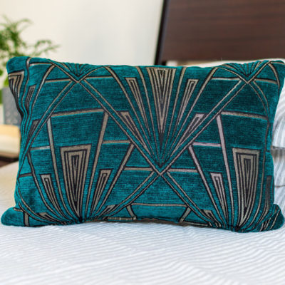 Art Deco Geometric Boudoir Cushion in Teal and Silver